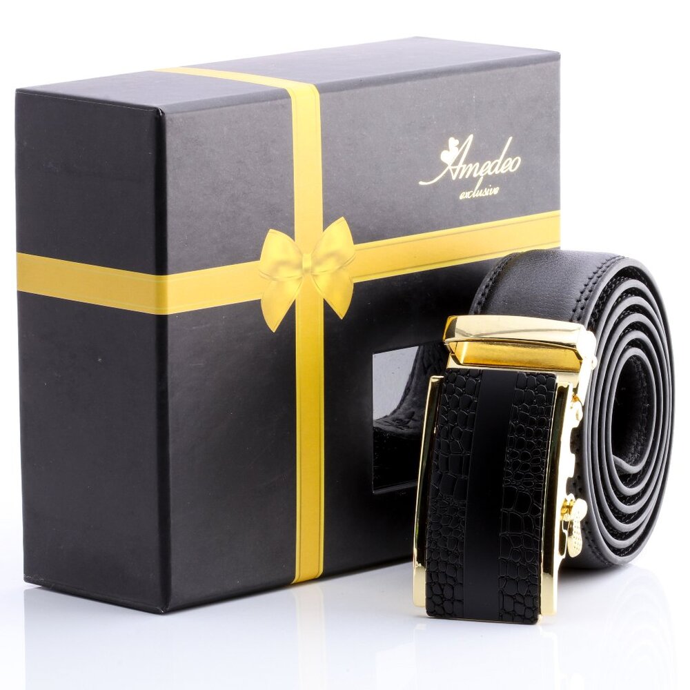 Men's Smart Ratchet No Holes Automatic Buckle Belt in Gold & Black Color